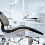 A modern dental clinic interior showcasing a dental chair and equipment in a clean, clinical setting.